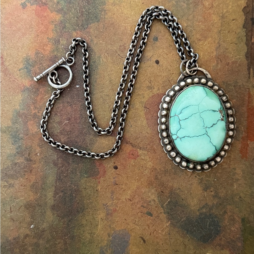 Antique Navajo Silver and large Turquoise Pendant Necklace